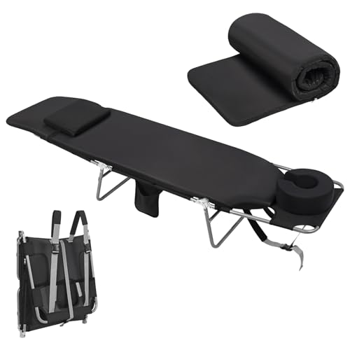 3 in 1 Women Comfort Backpack Tanning Beach Chair with Face Hole & Cushion | Portable Folding Lounge Sun Chair for Adults Outside Reading Sunbathing Poolside Camping | Reclining 6 Position - color: Black / 1 Pack