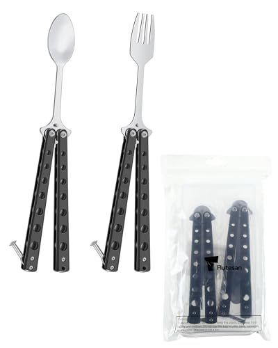 Flutesan 2 Pcs Butterfly Fork and Spoon Set, Tactical Butterfly Spoon Folding Stainless Steel Spork Utensil Set Balisong Trainer for Travel Camping Hunting BBQ Kitchen(Black) - color: Black