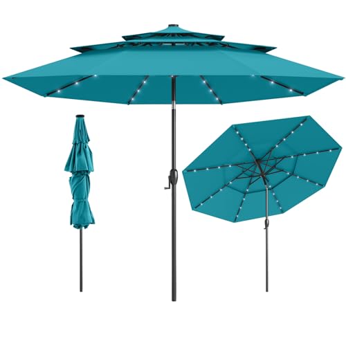 Tangkula 10 FT Solar LED Patio Umbrella, 3-Tier Vented Outdoor Market Table Umbrella with 32 LED Lights, Tilt Adjustment, Crank Handle, 8 Ribs for Backyard Pool Deck (Turquoise) - color: Turquoise