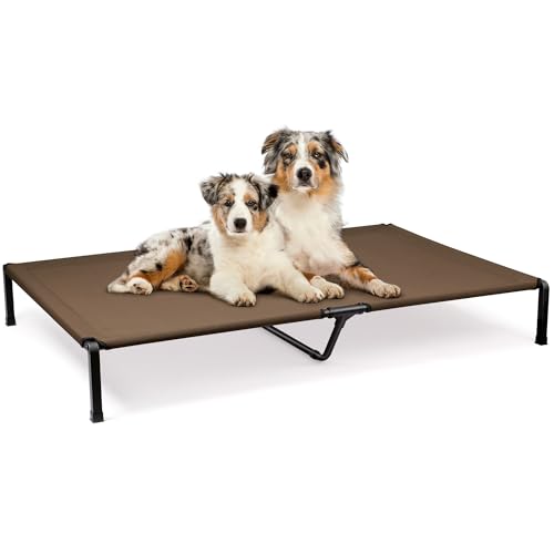 Heeyoo Elevated Dog Bed, Cooling Raised Pet Cot with Chew Proof Mesh Fabric and Steel Frame, Portable Dog Cot Bed with No-Slip Rubber Feet for Outdoor Indoor Use - color: Brown, size: 60"L x 37"W x 8"H