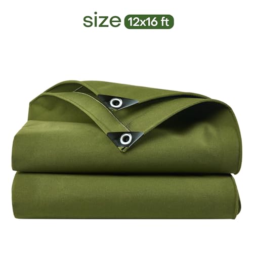 16oz Canvas Tarps 12 x 16FT Heavy Duty Finished Outdoor Multipurpose Tarps UV/Tear/Wear Resistant Tarpaulin Green Tarp Cover for Car Boat Camping Firewood, w/Grommets - size: 12 x 16FT