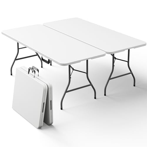 2 Pack 6ft Folding Table, Foldable Picnic Table Portable Table for Indoor Outdoor Use Heavy Duty Plastic Table Camping Table with Carry Handle for Party, BBQ, White - color: White, size: 6FT-2 Pack