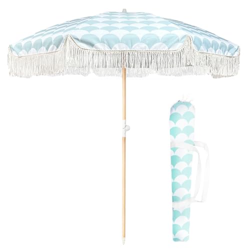 Lefedrasticity Boho Outdoor Umbrella with Tassels,6ft Table Umbrella Outdoor Patio with Knobs Tilt,Wind Resistant Portable Beach Umbrella UPF50+ Fringe Umbrellas For Pool Backyard Deck Garden - color: Green Pattern
