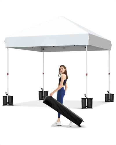 GarveeLife 10x10 Pop Up Canopy with One Button Push Setup - Heavy Duty Outdoor Canopy Tent with Portable Roller Bag - 3 Adjustable Height, 4 Weight Bags, 8 Stakes & 4 Guy Ropes Included, White - color: White