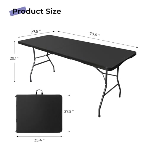 Byliable Folding Table 6ft Portable Heavy Duty Plastic Fold-in-Half 6 Foot Foldable Table Utility Dining Indoor Outdoor with Carrying Handle for Camping Picnic and Party, Black