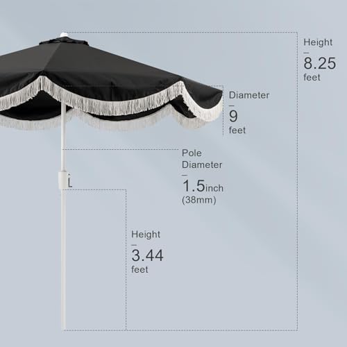 Tempera 9ft Auto Tilt Scalloped Patio Umbrellas with Fringe, Outdoor Table Umbrellas with Fade Resistant Canopy, 8 Sturdy Rids, Luxurious Vintage Umbrellas for Lawn, Pool, Deck, Balcony - color: Carbon Black, size: 9 FT