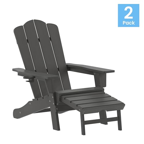 Flash Furniture Newport Adirondack Cup Holder and Pull Out Ottoman, All-Weather HDPE Indoor/Outdoor Lounge Chair, Set of 2, Gray - color: Grey, size: Set of 2