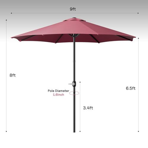 LEVELEVE 9FT Outdoor Patio Umbrella with Easy Crank - UV Resistant & Waterproof Market Umbrella with Ventilated Canopy, 8 Sturdy Ribs & Powder-Coated Frame for Garden, Deck, Backyard, Pool, Patio Table - color: Dark Red, size: 9FT
