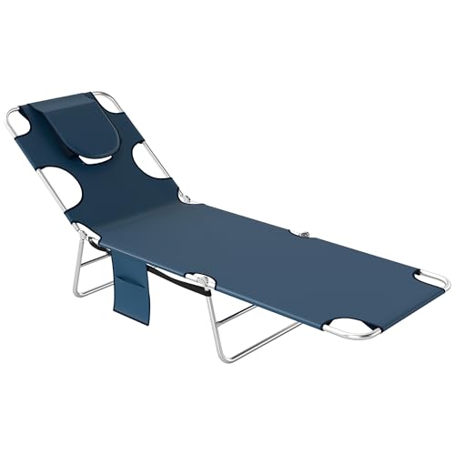 Outsunny Chaise Lounge Chair Outdoor with Face Arm Hole, 5-Position Reclining Face Down Tanning Chair with Carry Strap, Side Pocket, Portable Folding Bed Cot for Patio Beach Pool, Dark Blue - color: Dark Blue, size: 1 Piece