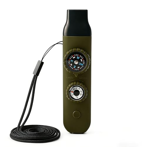 Multifunctional Survival Emergency Whistle for Kids with Compass Hiking Survival, Thermometer & Neck Lanyard | Emergency Safety Gear for Hiking, Camping, Kayaking, Boating, Climbing - color: army green