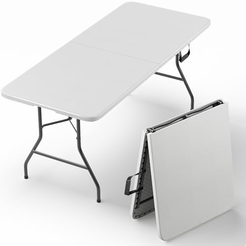 Folding Table, 6FT Foldable Picnic Table with Carrying Handle, Heavy Duty Fold-in-Half Portable Table for Weddings, Camping, RV Travel, Parties, BBQs, and Indoor Use, Easy to Fold and Store, White - color: White, size: 6FT
