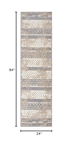 Rugshop Distressed Geometric Indoor/Outdoor Beige Runner Rug Modern Tribal Stripe, Durable Stain Resistant Low Profile Perfect for Patio, Backyard, Deck and Outdoor Lounge 2' x 7' - size: 2' x 7' (Rectangular)