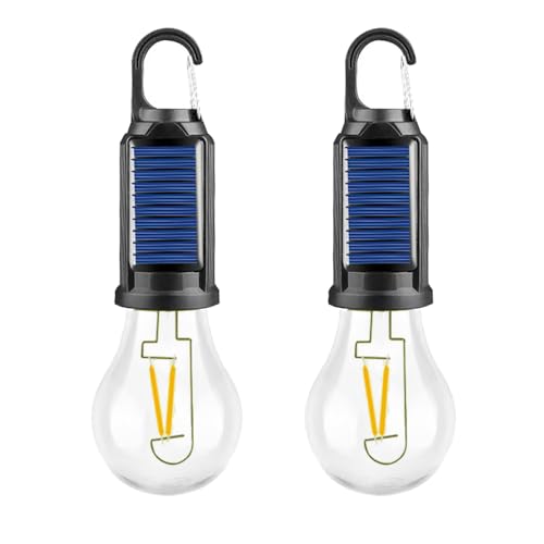 Solar Camping Lights Hanging Hooked Tent Lantern Outdoor USB Rechargeable Bulb Lamp with Clip Hook Keychain 3 Lighting Modes for Christmas Decorations Hiking Backpacking Warm Light 2 Pack