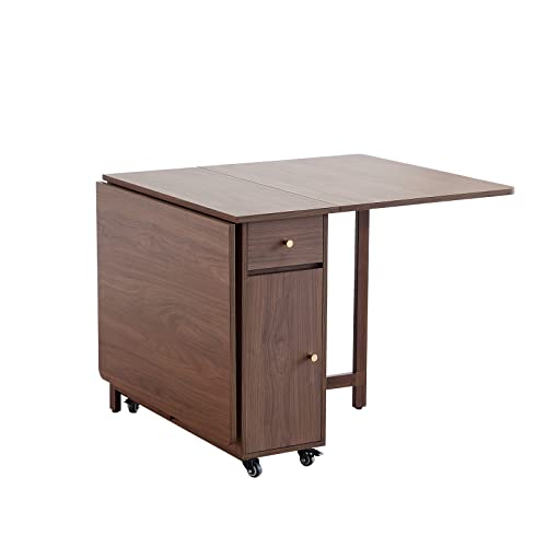 COMUHOME Extendable Drop Leaf Foldable Dining Table with 2 Drawers and 4 Wheels for Living Room Kitchen Farmhouse Space Saving Table in Walnut - color: Walnut