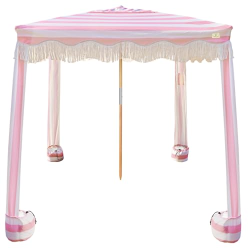 AMMSUN Beach Cabana with Fringe, 7' x 7' Boho Beach Canopy with Tassels, Easy Set up & Premium Wood Pole, Cabana Tent with Sand Pockets, Instant Sun Shade for Sand, Garden, Patio, Rose Stripes - color: Pink Rose Stripes