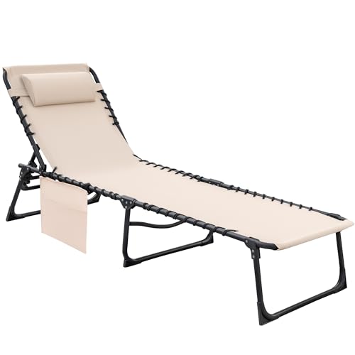 Flamaker Foldable Chaise Lounge Chair 5-Position Adjustable, Tanning Chair with Side Pocket, Outdoor Sunbathing for Pool, Beach, Patio, Lawn, Indoor Recliner Chair for Napping(Beige, 1 Pcs) - color: Beige, style: Normal, 1 Pcs
