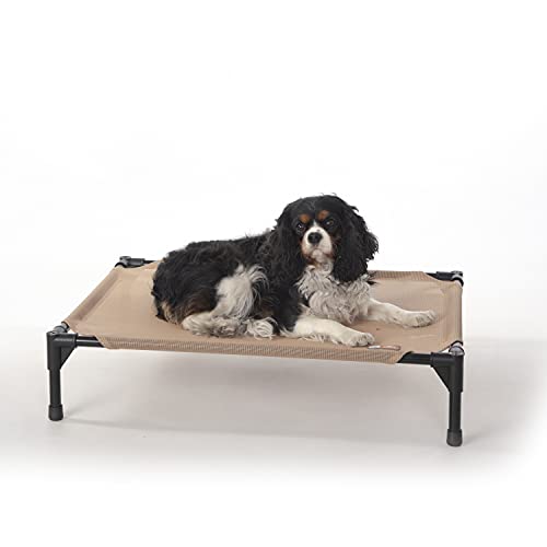 K&H Outdoor Elevated Dog Bed - Cooling Raised Dog Bed for Small & Medium Pets, Breathable Mesh Hammock Design, Indoor/Outdoor Washable Cover, Portable Metal Frame, Tan, Medium 32x25in - color: Tan Mesh, size: Medium 32"L x 25"W