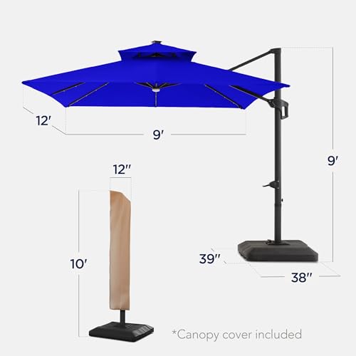 Best Choice Products 9x12ft LED Cantilever Patio Umbrella w/Base Included & 360° Rotation, Large Solar Offset Hanging Outdoor Sun Shade for Deck, Backyard Table w/Stand & Lights – Resort Blue - color: Resort Blue, size: 9x12ft