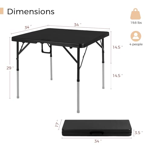 pollilar 34" Folding Card Table Square Foldable Table Plastic Portable with Detachable Legs, Dual Height Adjustable, Heavy-Duty Indoor Outdoor Dining, Game, Picnic, Mahjong Tables-Black - color: Black