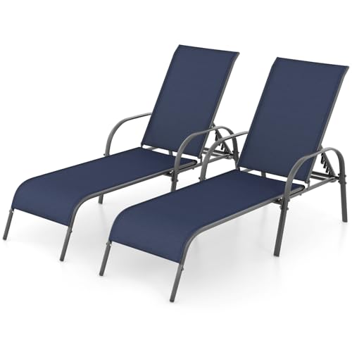 Giantex 2 Pack Patio Lounge Chair, Outdoor Chaise Lounge with 5 Adjustable Backrest, Sturdy Steel Frame, Sunbathing Recliner, Beach Chair, Tanning Chair for Outside, Yard, Balcony, Pool Chairs, Navy - color: Navy