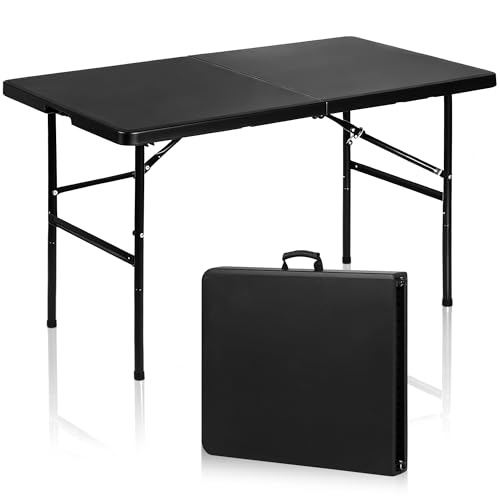 SUPER DEAL Portable 4 Foot Plastic Folding Table, Indoor Outdoor Heavy Duty Fold-in-Half Picnic Party Camping Barbecues Table with Carrying Handle, Black - color: Black, size: 48"x24", style: Rectangular