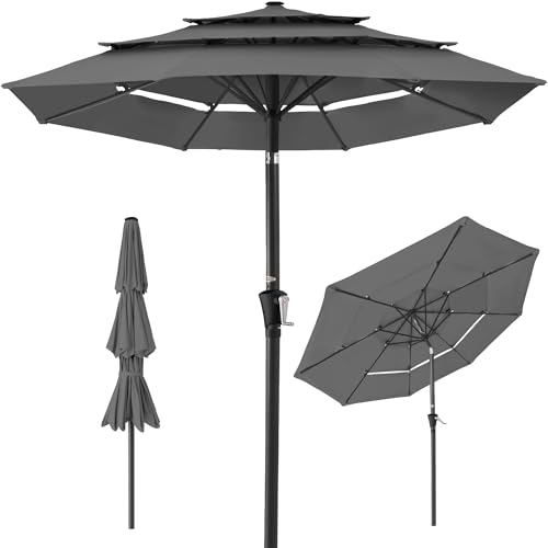 Best Choice Products 10ft 3-Tier Market Patio Umbrella, Outdoor Sun Shade with Tilt, Crank Lift, 8 Ribs for Backyard, Deck, Poolside - color: Gray