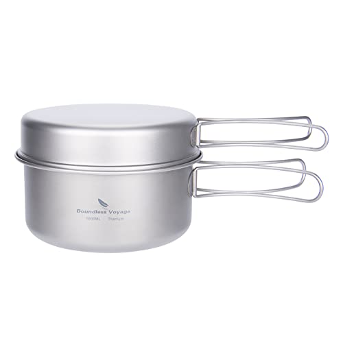 iBasingo Backpacking Cookset Titanium Camping Pots Set Ultralight Outdoor Picnic Pots Pans with Folding Handle Druable Portable Cooking Mess Kit Compact Picnic Dishes Bowls Cups (Multiple Sizes) - color: Ti2042C(1000ML+500ML)