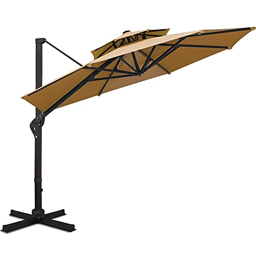 Sunnyglade 11FT Double Top Cantilever Patio Umbrella Deluxe Offset Umbrella 360° Rotation & Integrated Tilting System Heavy Duty Outdoor Umbrella for Market Garden Deck Pool Backyard Patio(Tan) - color: Tan
