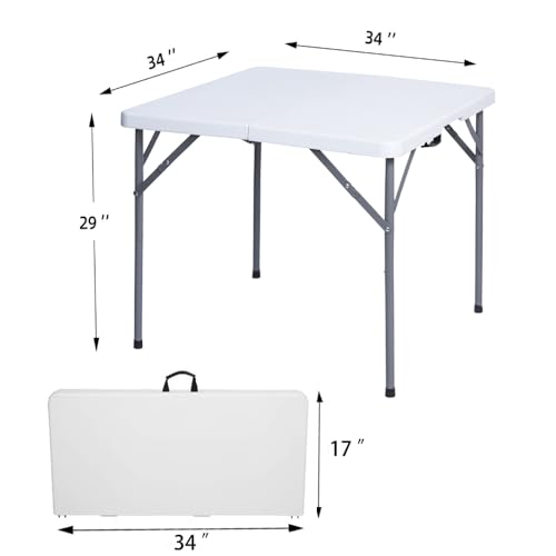 Lakhow 34" Square Folding Table, Fold-in-Half Utility Dining Portable Table Heavy Duty HDPE Plastic Foldable with Carrying Handle Indoor Outdoor for Picnic, Party - color: 34 Inches White