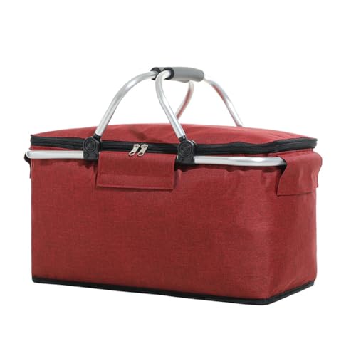 Insulated Picnic Basket, Portable Collapsible Picnic Basket, Leak-Proof Collapsible Cooler Bag with Handles and Zippered Top for Market Shopping Travel Beach - color: Red