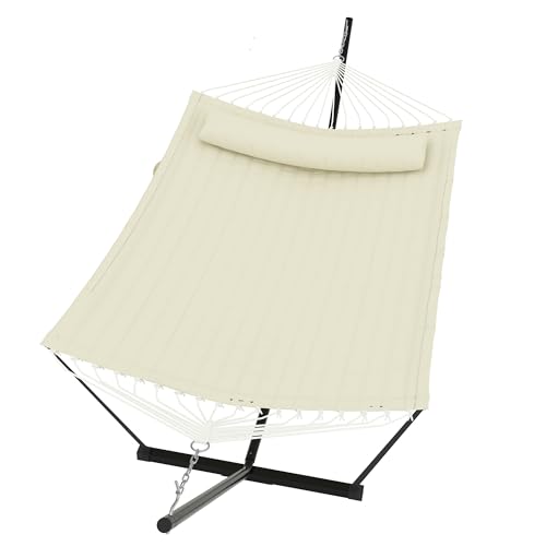 2 Person Double Hammock with Stand & Pillow, 450 LBS Heavy Duty Outdoor Hammock with Balance Rope for Patio Backyard Poolside