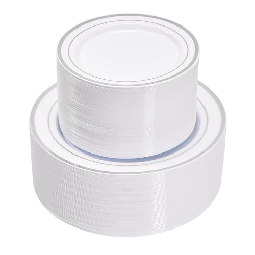 Fijinhom 100PCS Silver Plastic Plates, Disposable Plates with 50PCS 10" Dinner Plates & 50PCS 7" Dessert Plates for 50 Guests, Plastic Party Plates for Wedding, Birthday, Silver - color: Silver, size: 50 Guests-100pcs