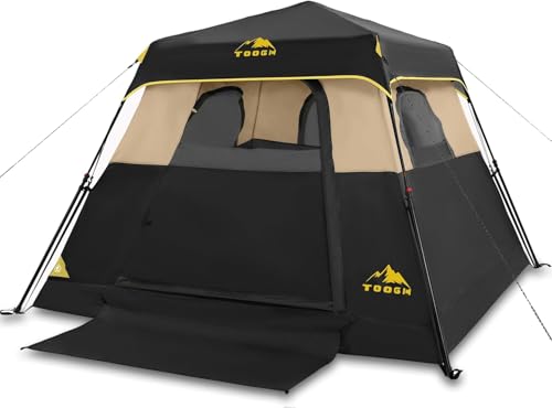 3/4 Person Camping Tent with 1 Door, 4 Windows, and Upgraded Ventilation– Instant Setup, Waterproof, 8'x 8'x 67''Oxford Fabric Floor Pop Up in 60 Seconds Includes Rainfly and Backpack - color: 4 Person Black
