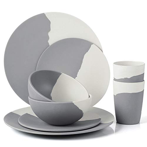 MORGIANA 8 pcs Bamboo Dinnerware Set Reusable Plates Bowls Sets, Camping Picnic Dishes Tableware Set for 2 (Grey & White) - color: Grey & White