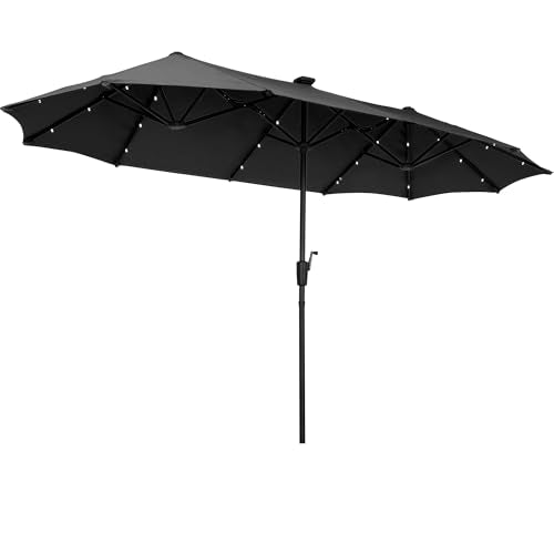 13Ft Large Patio Umbrella with Solar Lights Outdoor Double-Sided Market Table Umbrella Easy Crank for Yard, Poolside, Deck-Black - color: Black, size: 13FT Umbrella+Light