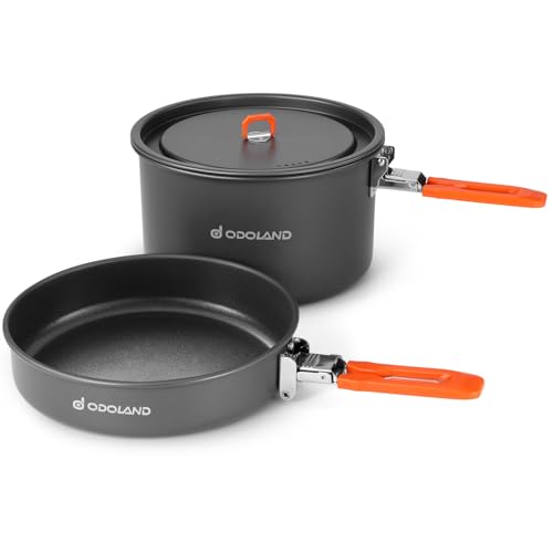 Odoland Camping Cookware Mess Kit, Non-Stick Lightweight Camping Pot and Fry Pan Set with Mesh Bag for Backpacking, Outdoor Cooking and Picnic - size: 2.4L Pot + 1.2L Fry Pan