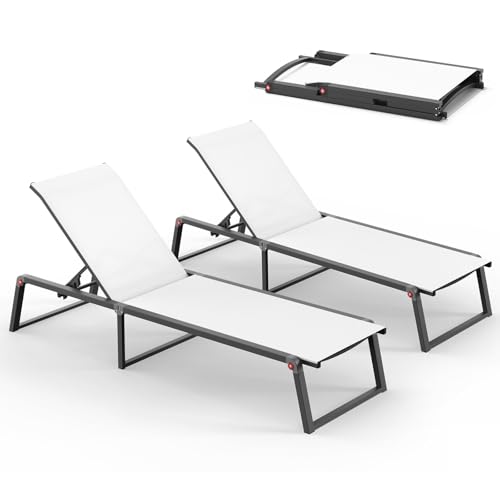 Aluminum Chaise Lounge Chair Outdoor, Foldable& No Assembly Patio Pool Lounge Chairs 5-Position Recliner for Outside, Fully Grounded Legs Sun Lounger for Poolside, Bright White, 2 Pack - color: Bright White, size: 2