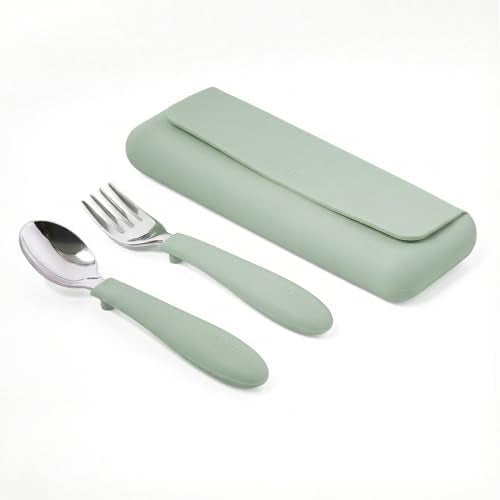 ASOMIC Premium 316 Stainless Steel Toddler Utensils with Silicone Handles & Travel Case, Kids Spoon & Fork Set for Toddler Self Feeding at Daycare, Preschool & School, BPA-Free, Dishwasher Safe - color: Sage