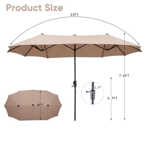 13Ft Large Patio Umbrella Outdoor Double-Sided Market Umbrella w/Easy Crank for Yard, Poolside, Deck, Khaki - color: Khaki, size: 13FT Umbrella