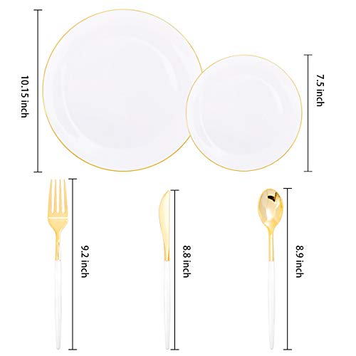 Supernal Elegant White and Gold Plastic Dinnerware Set – Premium Heavy-Duty Disposable Plates & Gold Plastic Silverware for Weddings, Outdoor Parties & Birthdays (Serves 30) - color: 150pcs White and Gold Plastic Dinnerware Set