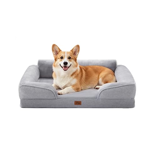 Orthopedic Dog Bed for Medium Size Dogs, Waterproof Egg-Crate Foam Pet Couch Bed with Soft Sides, Non-Slip Dog Sofa with Flannel Removable Washable Cover, 28"L Supportive Pet Sofa, Light Grey - color: Light Grey, size: 28"L x 23"W x 9.5"Th