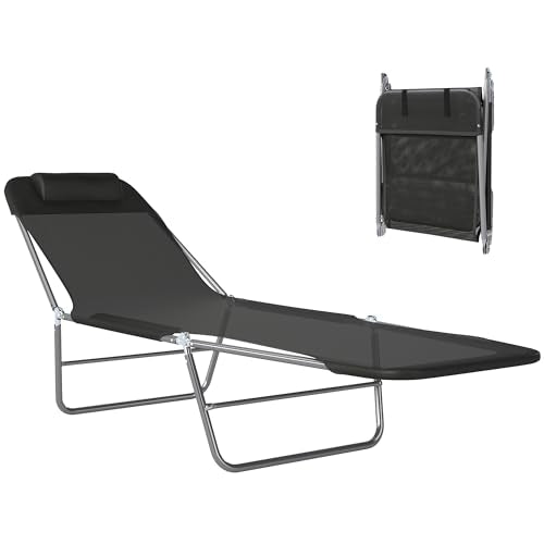 Outsunny Folding Chaise Lounge Pool Chairs, Outdoor Sun Tanning Chairs with Pillow, Reclining Back, Steel Frame & Breathable Mesh for Beach, Yard, Patio, Black - color: Black