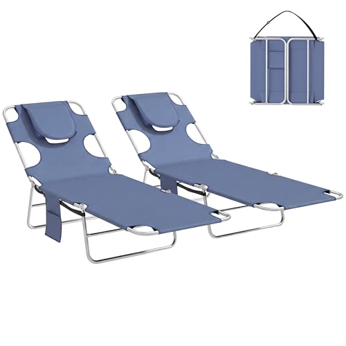 Outsunny Chaise Lounge Chair Outdoor Set of 2 with Face Arm Hole, 5-Position Reclining Face Down Tanning Chair with Carry Strap, Side Pocket, Portable Folding Bed Cot for Patio Beach Pool, Gray - color: Grey, size: 2 Pieces