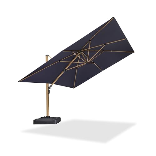PURPLE LEAF 12FT Patio Umbrella Square Cantilever Umbrella Teak Finished Aluminum Frame Large Windproof Offset Outdoor Sun Umbrellas for Beach Pool Deck, Navy Blue - color: Navy Blue / Umbrella Only, size: 12' x 12'