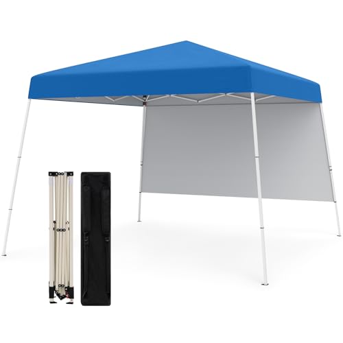Tangkula 10x10 FT Pop Up Canopy with Sidewall, UPF 50+ Easy Setup Outdoor Tent with Backpack, 4 Stakes, Portable Heavy-Duty Canopy Tent for Party Events Camping Picnic, 10x10 Base, 8x8 Top - color: Blue, size: 10x10 Ft