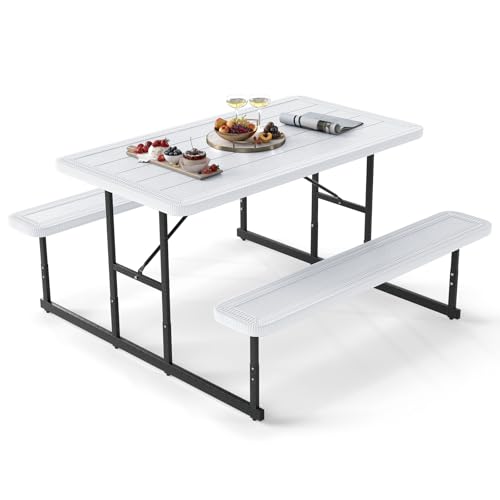 Giantex Picnic Table Bench Set for 4 People, 4.5FT Outdoor Rectangular Dining Table & 2 Benches w/Umbrella Hole, HDPE Tabletop, Metal Frame, Patio Garden Backyard Poolside (4.5FT,Non-Foldable,White) - color: White, size: Rectangle-54"x28"x30"