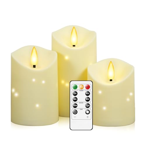 kakoya Outdoor Waterproof Flickering Flameless Candles with Embedded Star String,3Pcs LED Pillar Candles Battery Operated with Remote and Timers for Courtyard,Porch,Camping,Holiday Decoration(Ivory) - color: Ivory, size: D3.25“xH4"5"6"