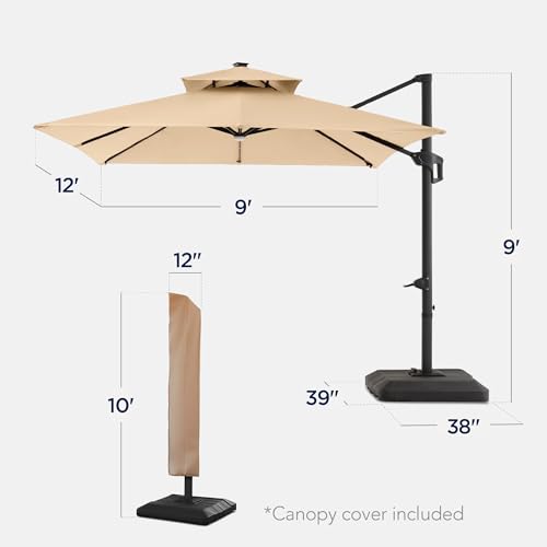 Best Choice Products 9x12ft LED Cantilever Patio Umbrella w/Base Included & 360° Rotation, Large Solar Offset Hanging Outdoor Sun Shade for Deck, Backyard Table w/Stand & Lights – Sand - color: Sand, size: 9x12ft