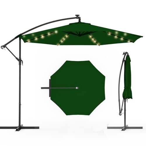 10FT 40-LED Solar Lighted Patio Umbrella, Outdoor Offset Cantilever Umbrella, Crank and Cross Bar, Infinite Tilt, UV Protection for Backyard, Lawn, Garden & Pool - color: Green, size: 10FT 40LED (Offset Umbrella)