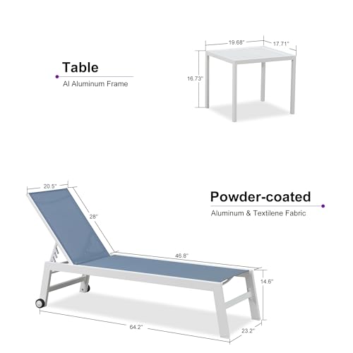PURPLE LEAF Patio Lounge Chair 2 Pieces White Aluminum Outdoor Chaise Lounge for Pool Backyard Beach with Wheels and Table, Indigo - color: Indigo, style: Standard Inclining-leg
